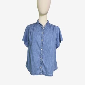 Gap Ruffle Collar Flutter Sleeve Denim Chambray Button Front Top Size Small
